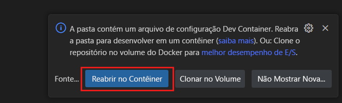 Captura de tela de uma notificação do sistema para reabrir a pasta atual no contexto de um contêiner de desenvolvimento.