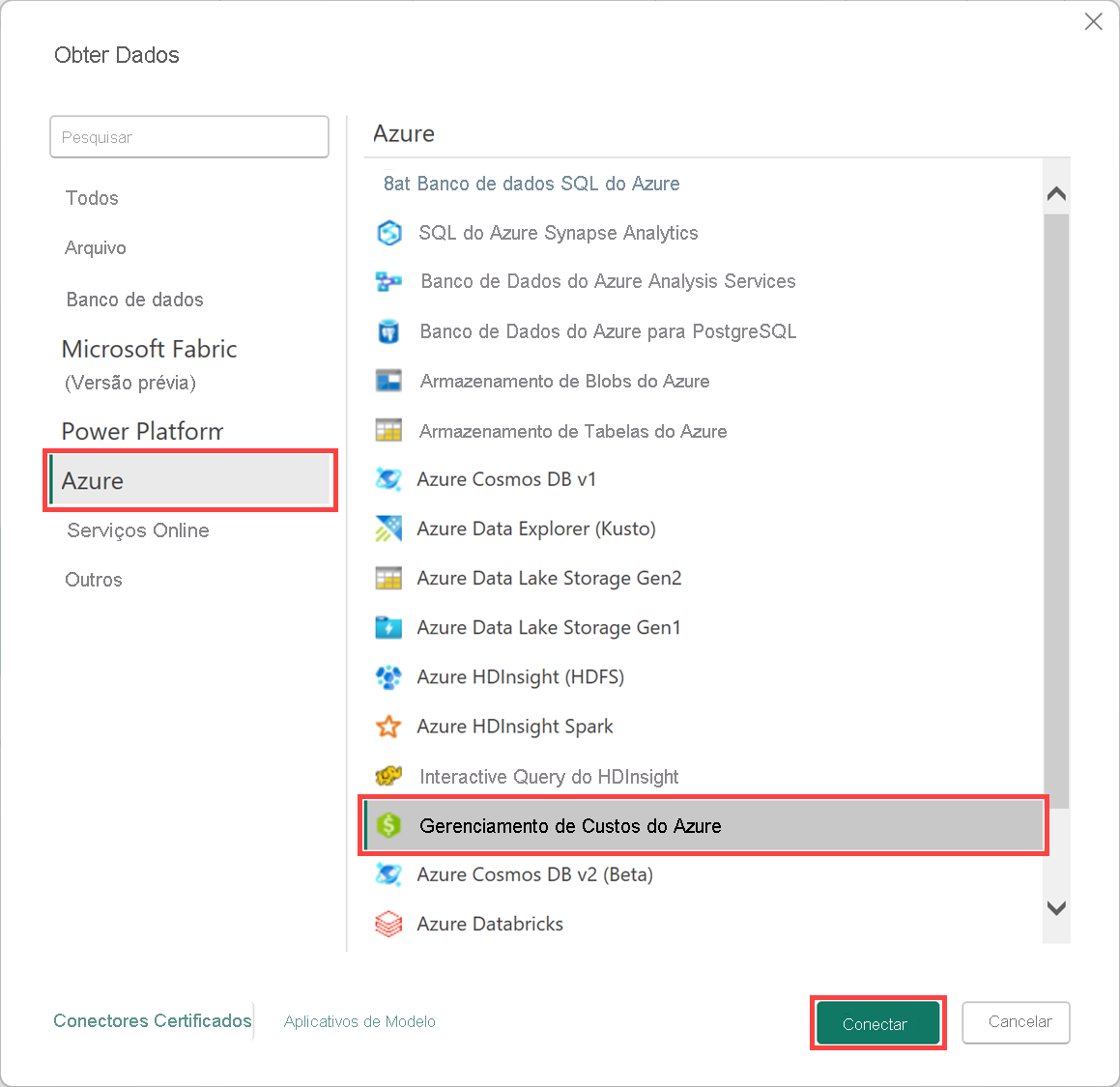 Captura de ecrã a mostrar Ligar à Gestão de Custos da Microsoft no Power BI Desktop.