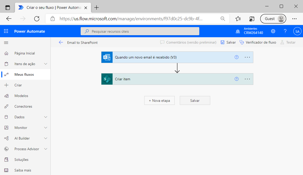 Captura de tela do exemplo de fluxo do Power Automate com o SharePoint.