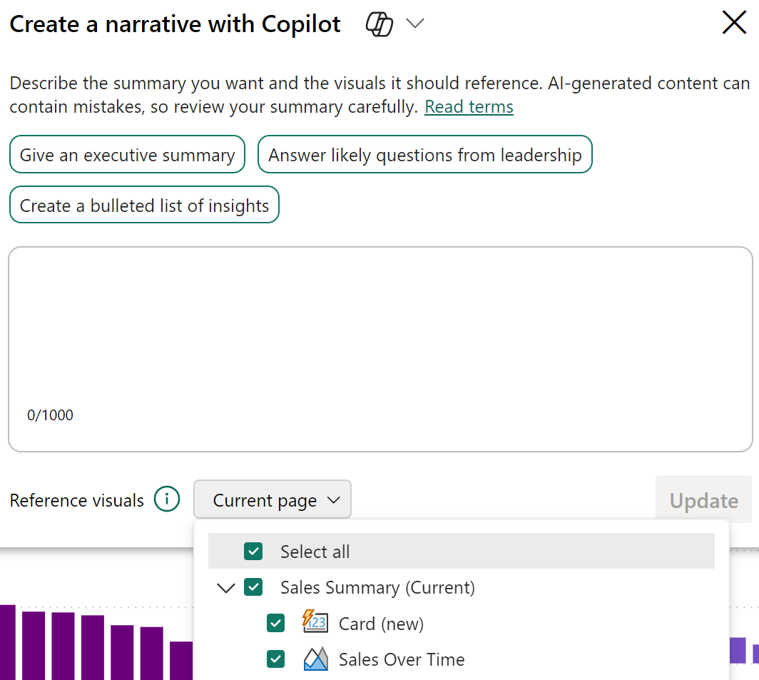 Uma captura de ecrã do Create uma narrativa com a caixa de diálogo Copilot e as opções descritas anteriormente.