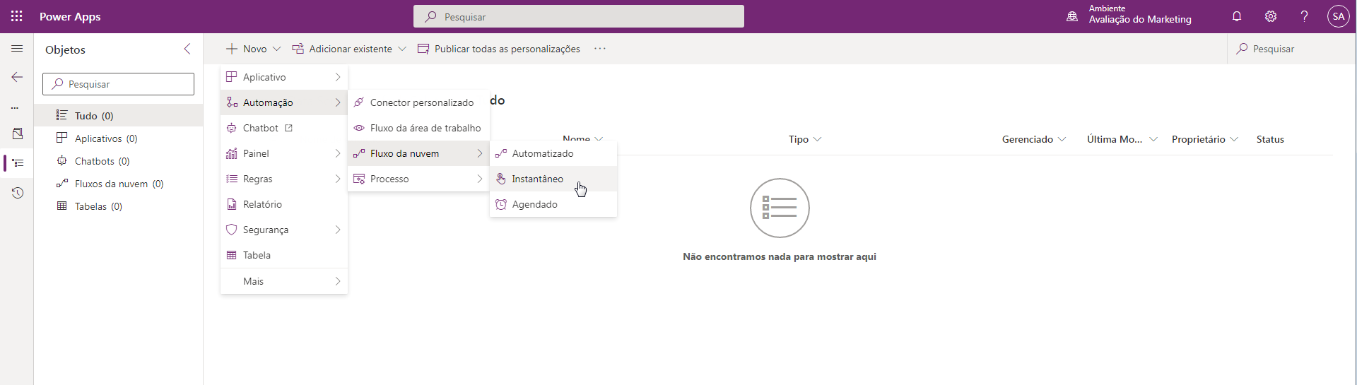 Captura de tela da seleção do menu para começar a criar um fluxo instantâneo do Power Automate.