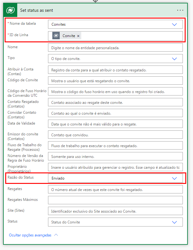 Captura de tela da configuração da razão do status do convite.