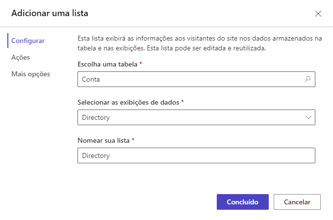 Captura de tela do diálogo Criar lista com tabela de conta e exibição de diretório selecionadas.