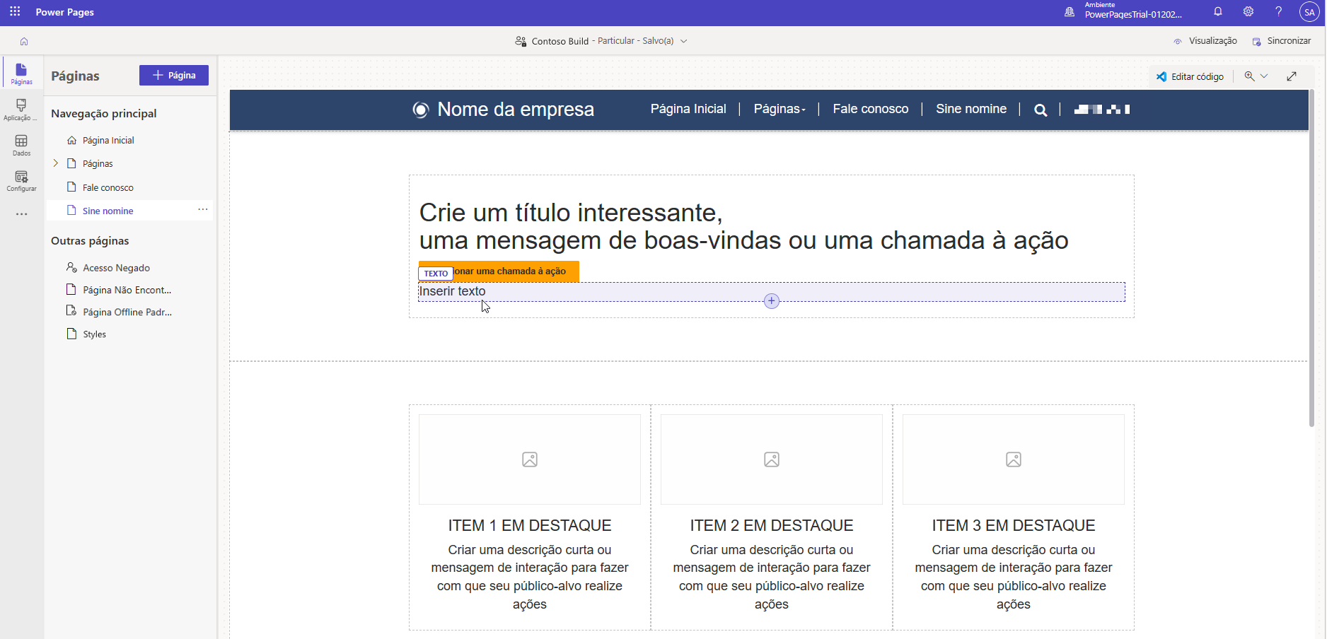 Captura de tela do texto do espaço reservado para conteúdo personalizado.