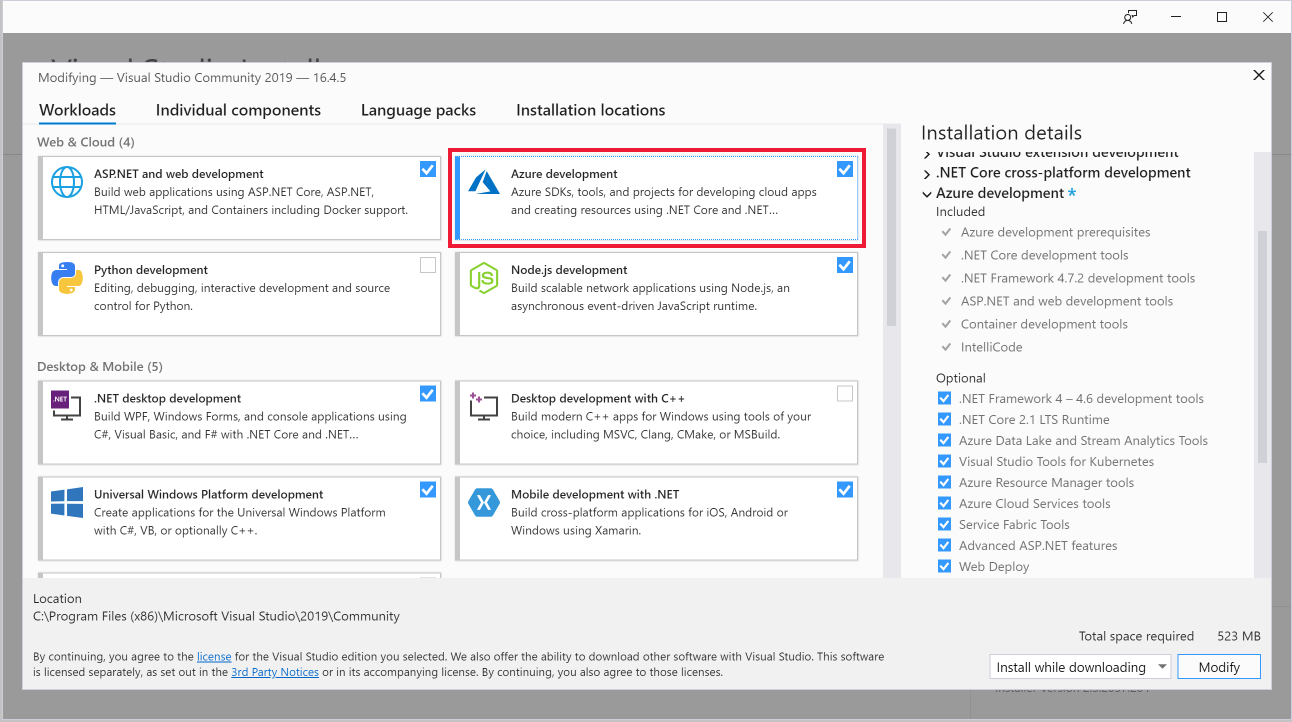 Captura de ecrã das cargas de trabalho do Visual Studio Installer com o desenvolvimento do Azure realçado.