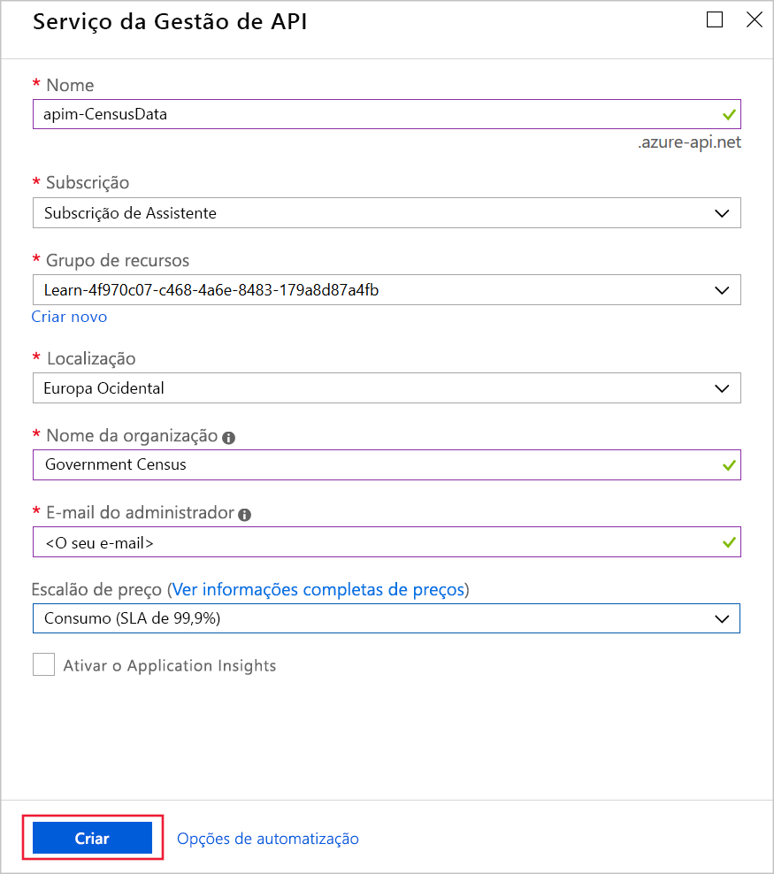 Captura de tela das configurações concluídas na guia Noções básicas da tela Criar serviço de gerenciamento de API.