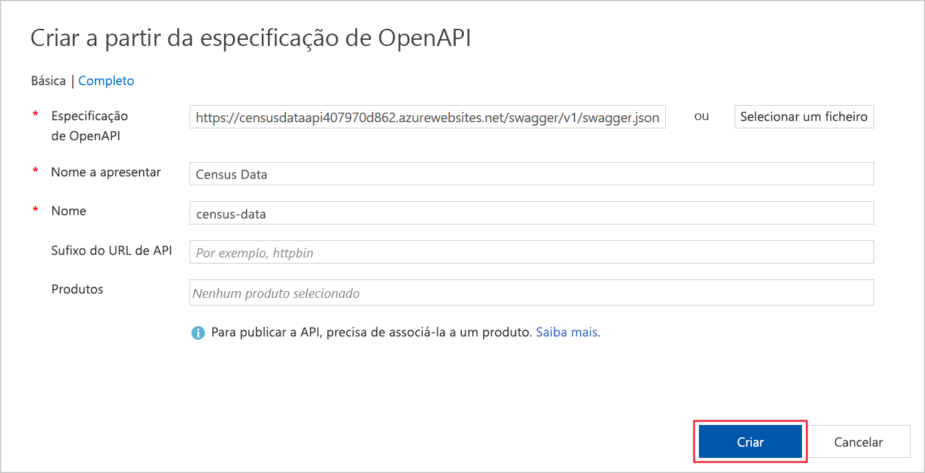 Captura de tela da caixa de diálogo Criar a partir da especificação OpenAPI com o URL JSON swagger inserido.