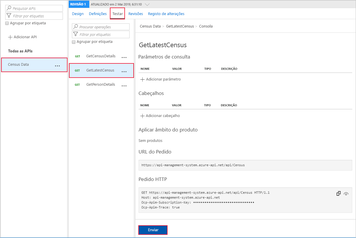 Captura de tela da tela de teste para a operação GetLatestCensus da API de dados do censo. O botão Enviar está realçado.