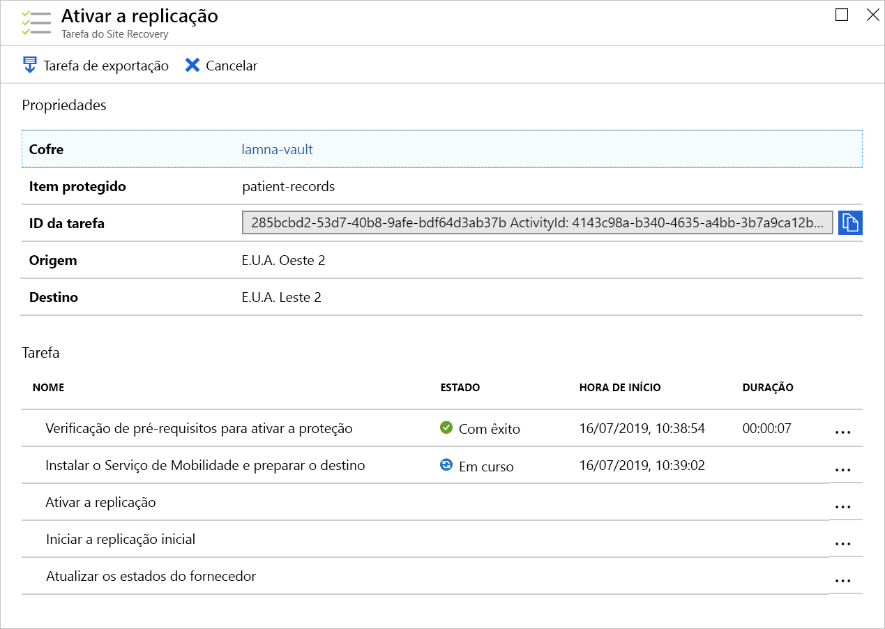 Screenshot of the Enable replication job's progress.