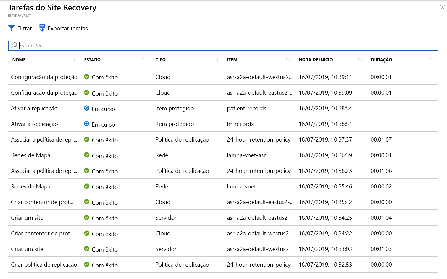 Screenshot of all the Site Recovery jobs.