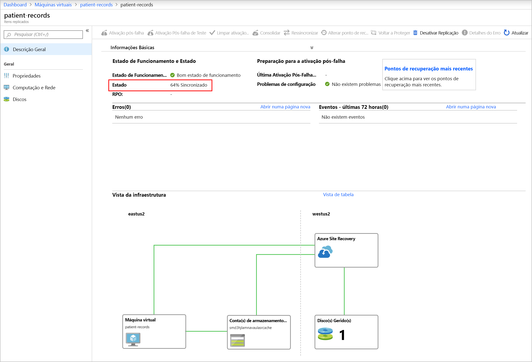 Captura de tela mostrando o status da VM de registros do paciente, com a porcentagem sincronizada realçada.