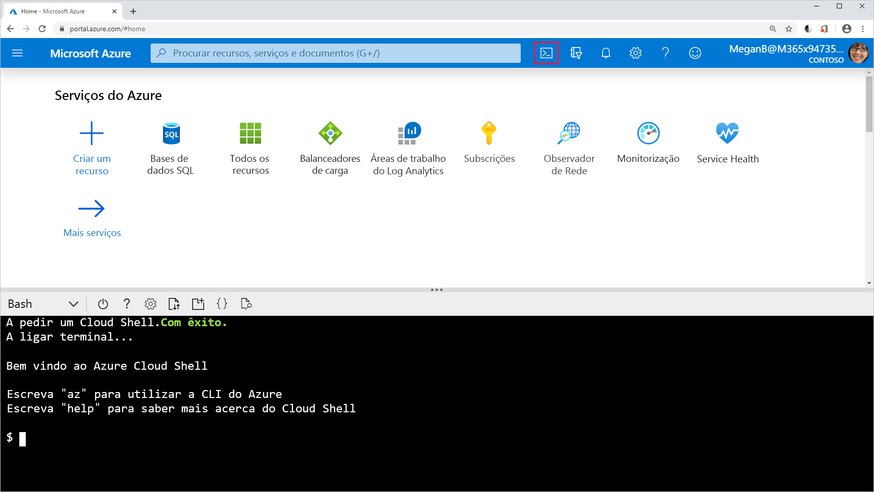 Captura de ecrã do ícone do Cloud Shell no portal do Azure.