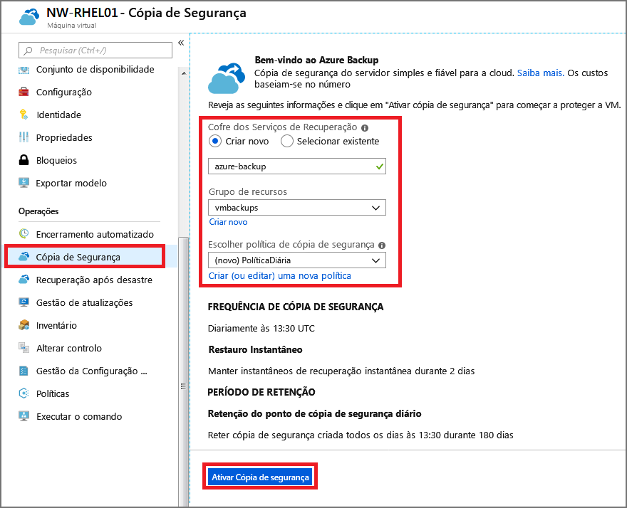 Captura de tela que mostra as opções de backup.