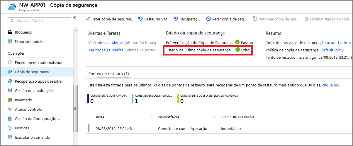 Captura de ecrã da página Cópia de segurança depois de configurada.