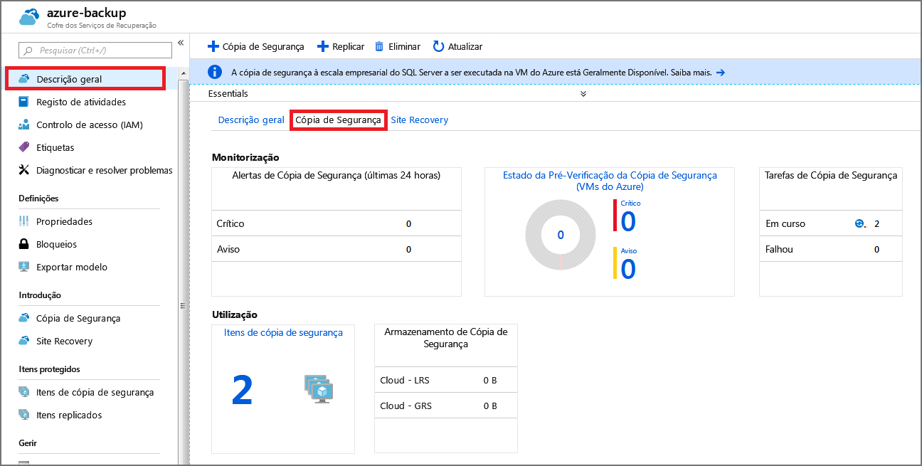 Captura de tela do painel Backup.