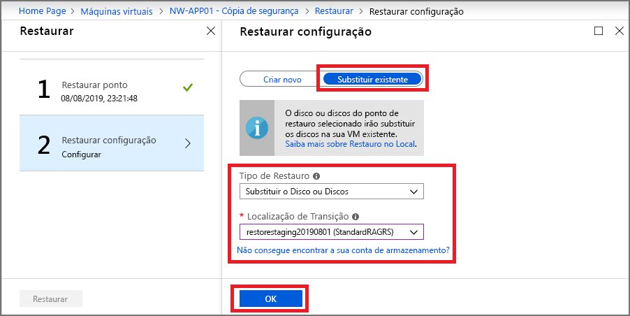 Captura de tela que mostra as opções de configuração de restauração.