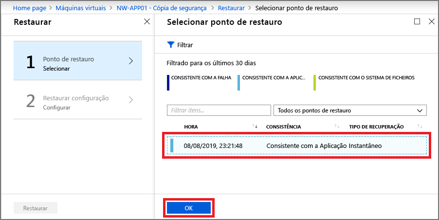 Captura de ecrã a mostrar a seleção de um ponto de restauro.