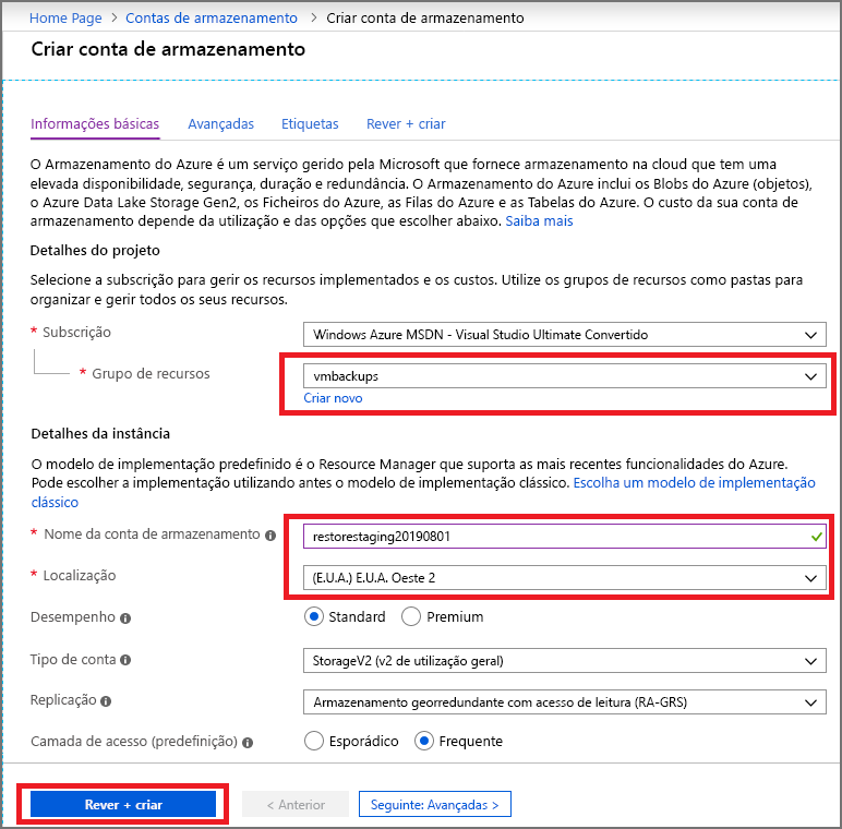 Especifique as opções da conta de armazenamento.