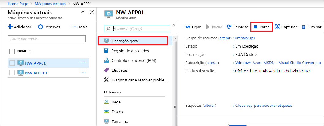 Captura de tela que mostra como parar a VM.