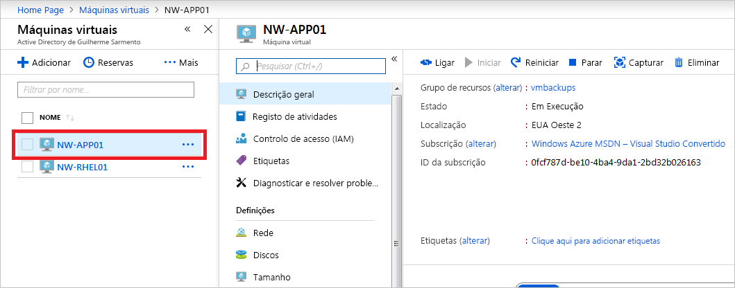 Captura de tela que mostra a página de visão geral da VM.