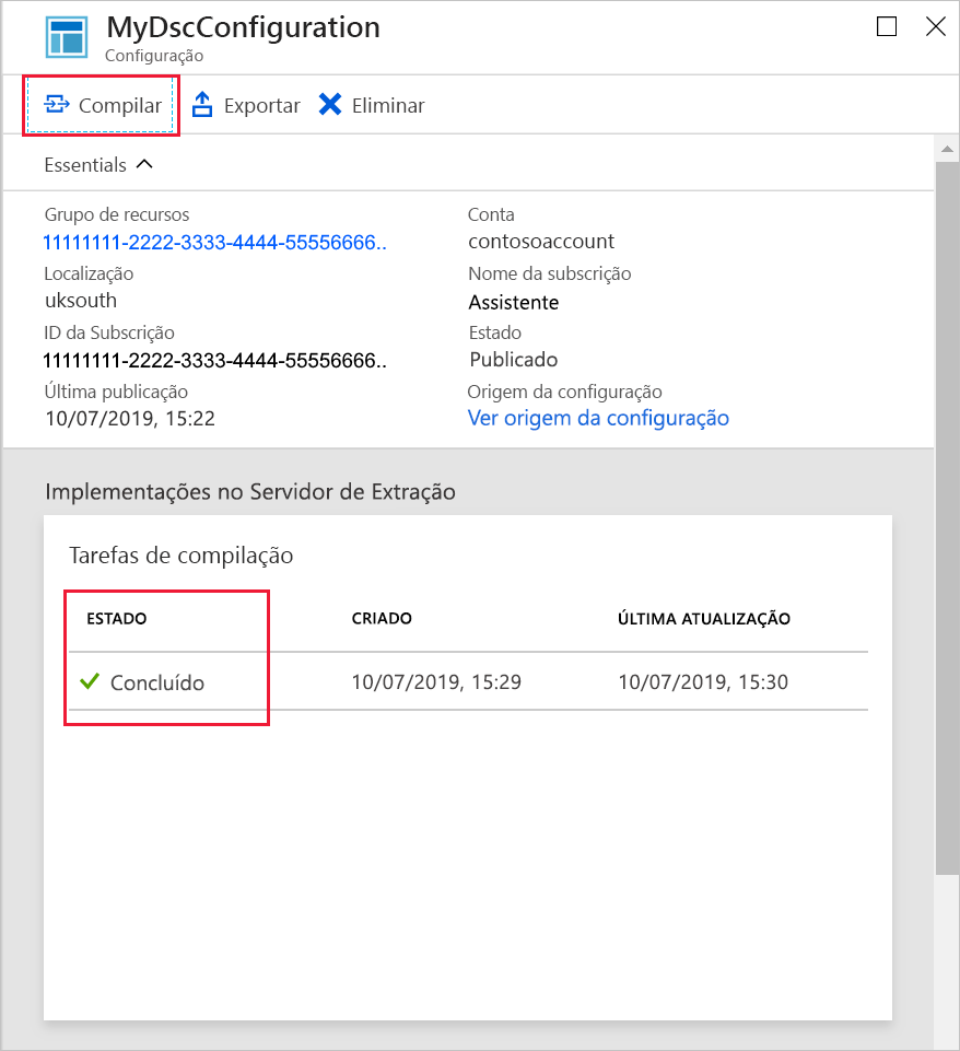 Captura de tela do portal do Azure, mostrando o estado do trabalho de compilação para a configuração.