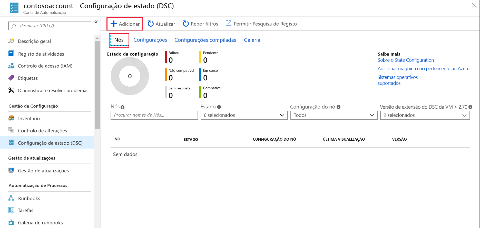 Captura de ecrã do portal do Azure, mostrando o painel Nós.