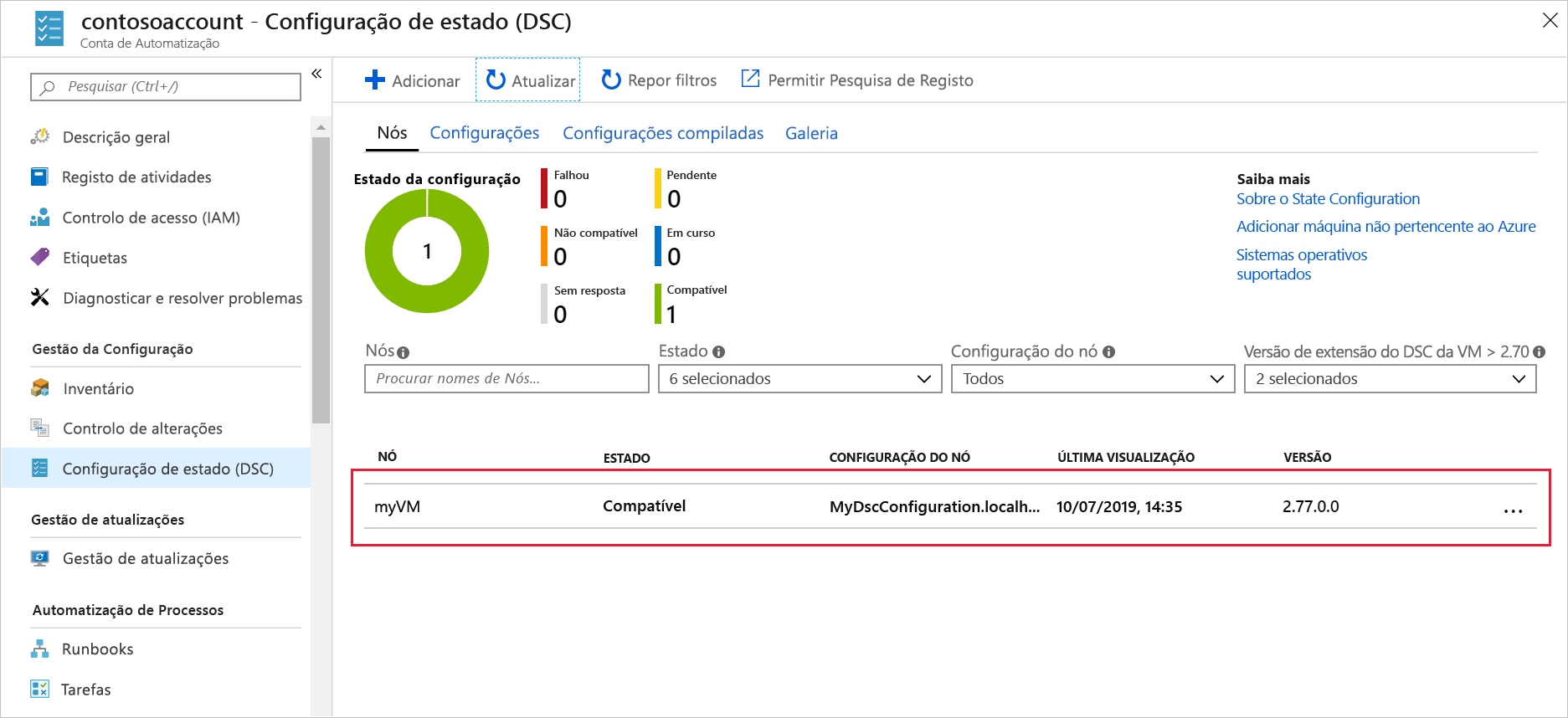 Captura de ecrã do portal Azure, mostrando o painel Nodos com myVM registado.