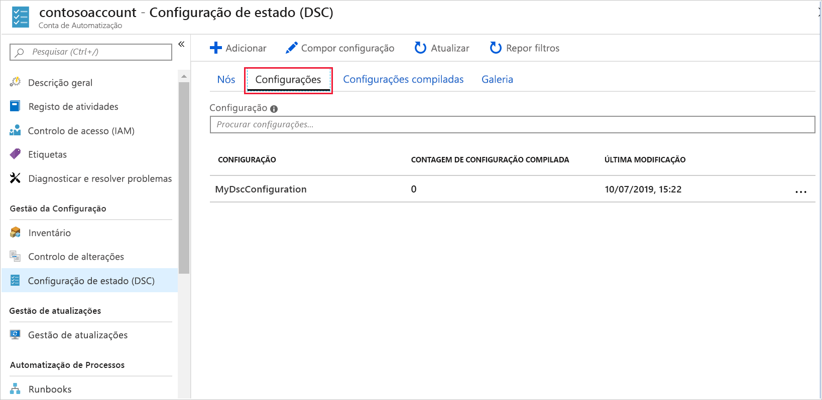 Captura de tela do portal do Azure, mostrando as configurações de estado disponíveis no painel Configuração de estado (DSC).