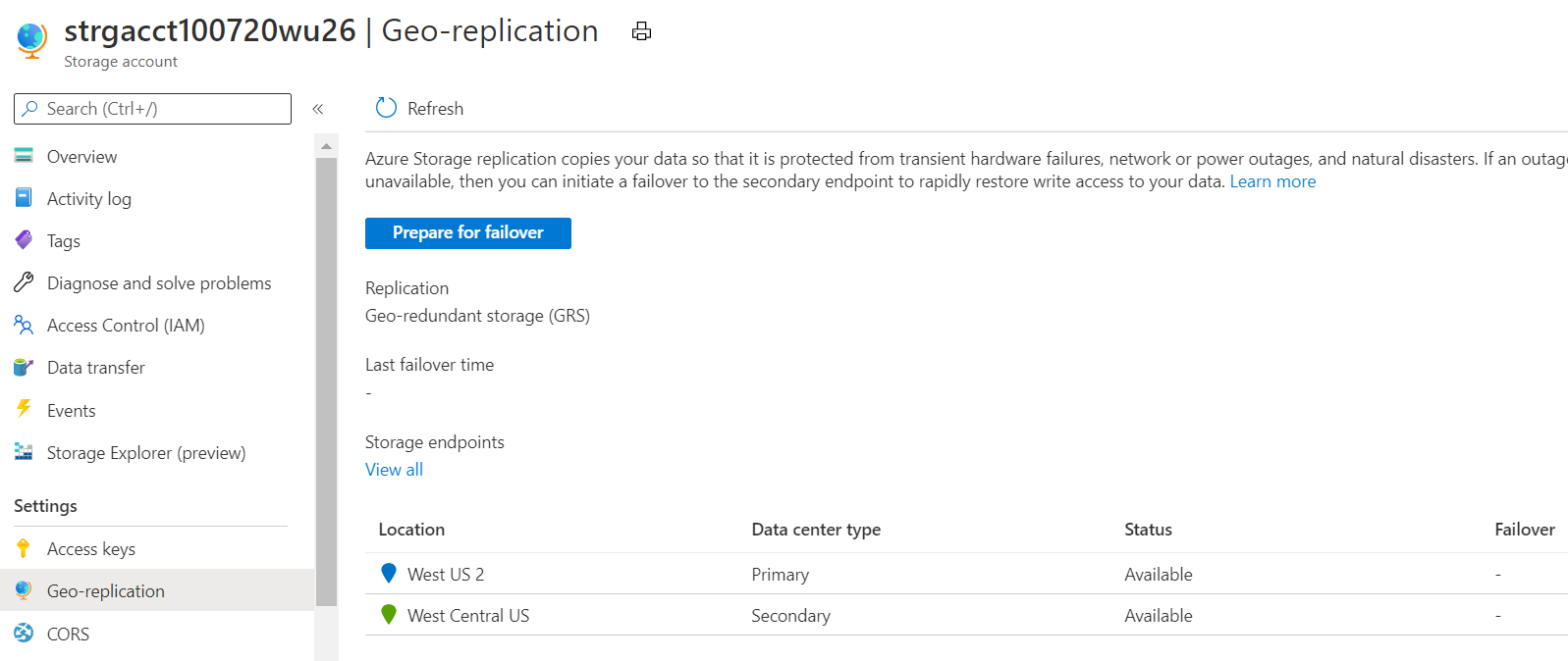 Screenshot of the Prepare for failover button on Storage account > Redundancy in the Azure portal.