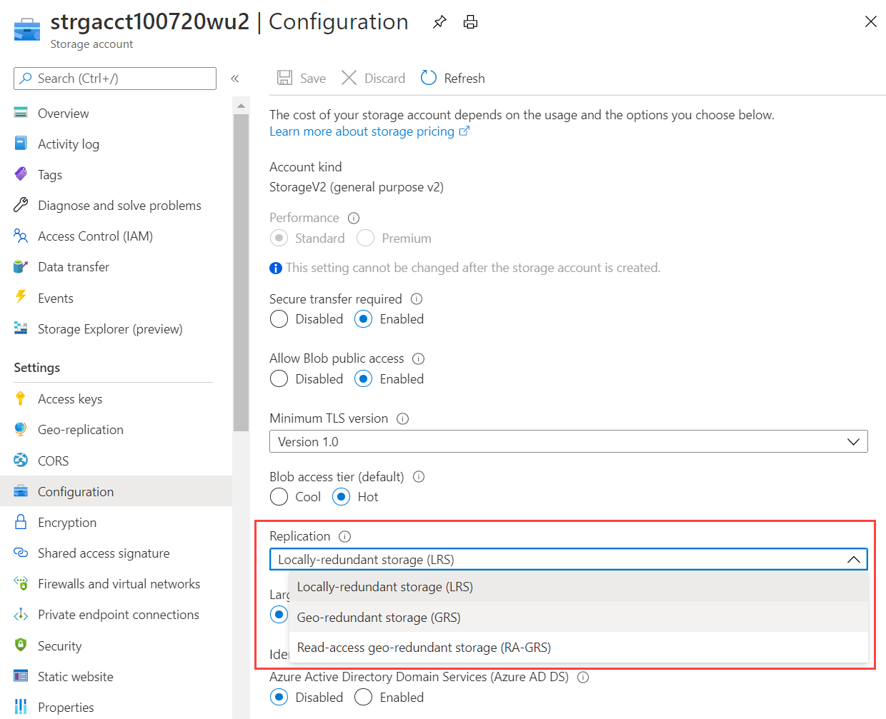 Screenshot of the geo-replication page, where you can change the replication from LRS to GRS.