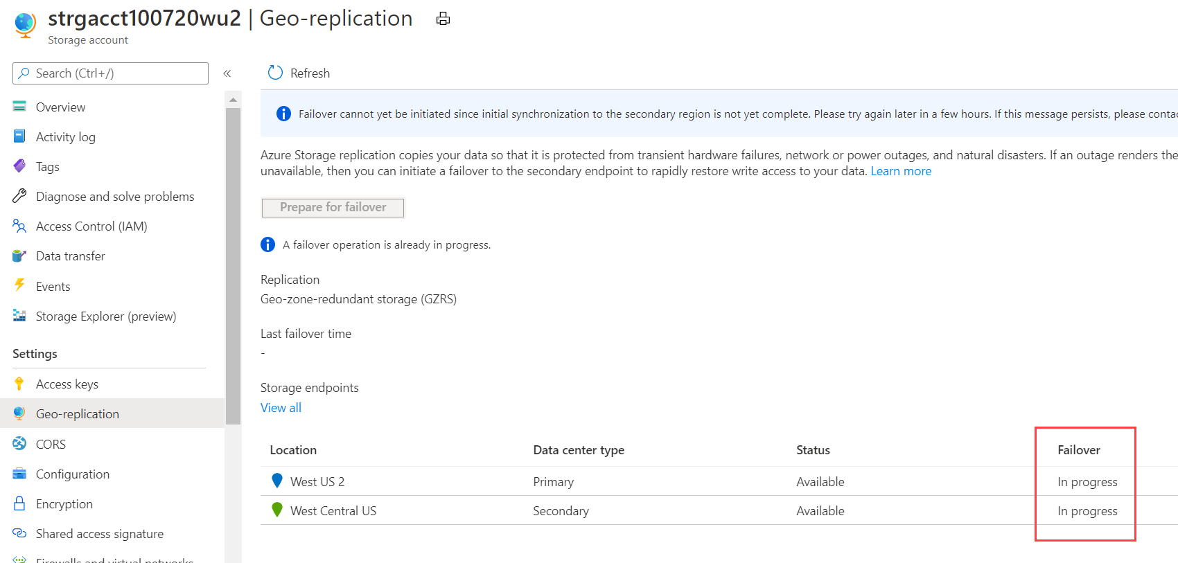 Screenshot of the geo-replication page that shows the failover status is in progress.