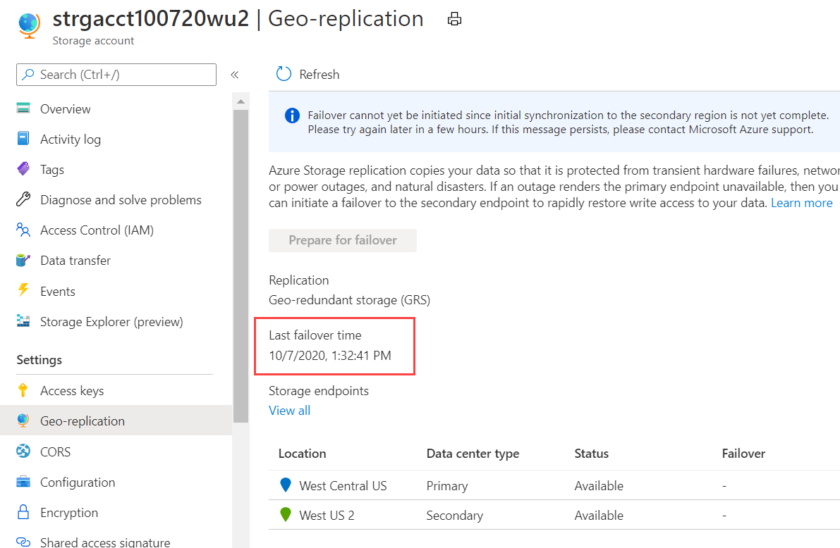 Screenshot that shows an updated last failover time on the geo-replication page.