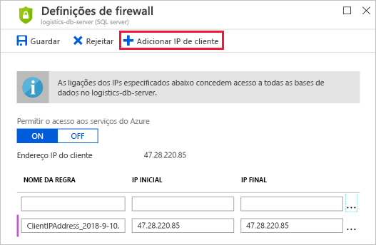 Captura de ecrã do portal do Azure a mostrar o painel de definições da Firewall da base de dados SQL com a opção Adicionar IP do cliente realçada.