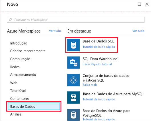 Captura de tela mostrando Criar um painel de recursos com Bancos de dados no menu e serviço de recursos do Banco de dados SQL realçado.