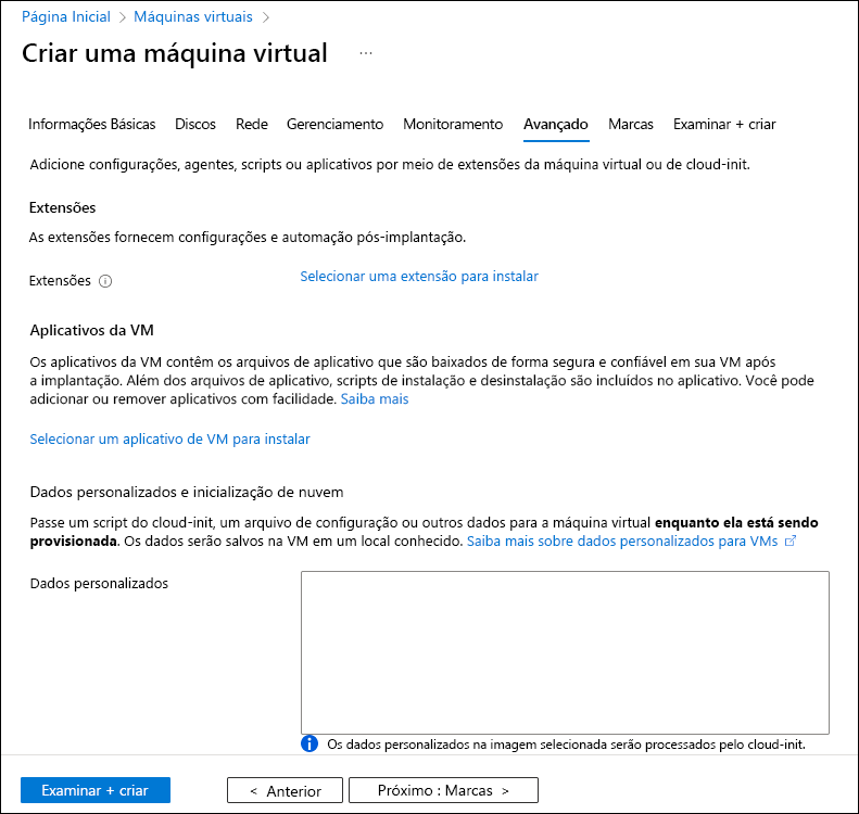 Captura de ecrã a mostrar o separador Avançadas do assistente Criar uma máquina virtual.