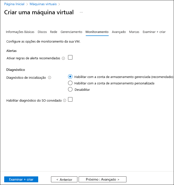 Captura de tela mostrando a guia Monitoramento do assistente Criar uma máquina virtual.