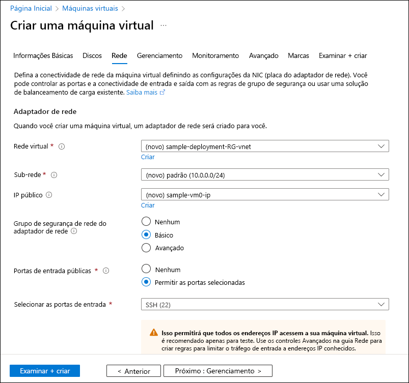 Captura de ecrã a mostrar o separador Rede do assistente Criar uma máquina virtual.