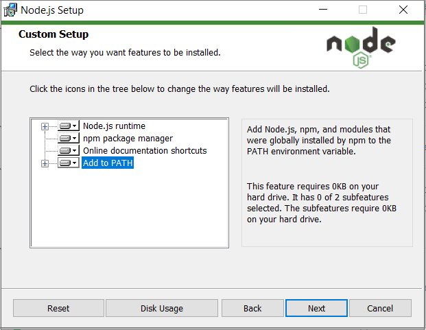 Captura de tela exibindo a instalação personalizada de Node.js opções no assistente.