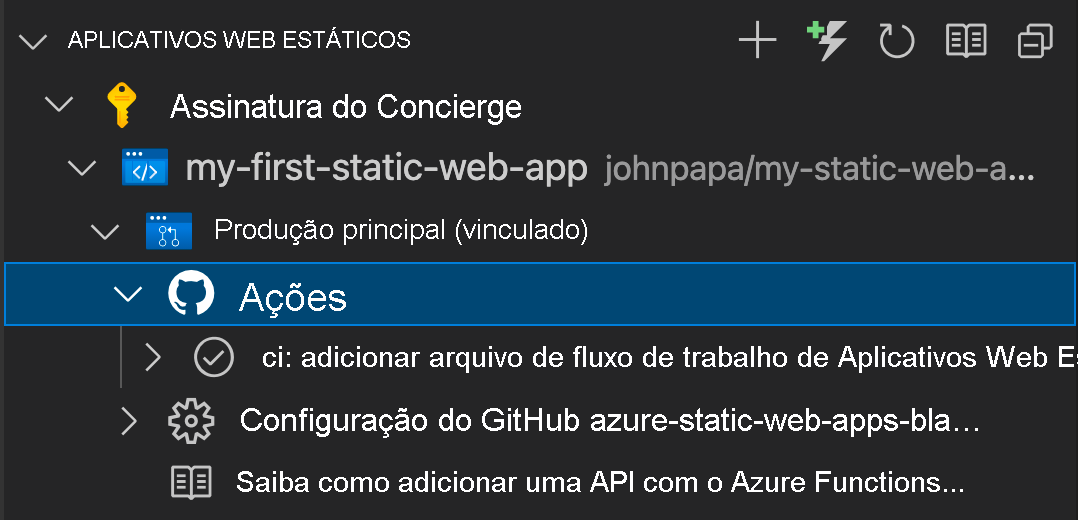 Captura de tela mostrando como verificar o progresso por meio das Ações do GitHub.