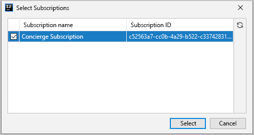 Captura de ecrã da caixa de diálogo Selecionar Subscrição do Azure.