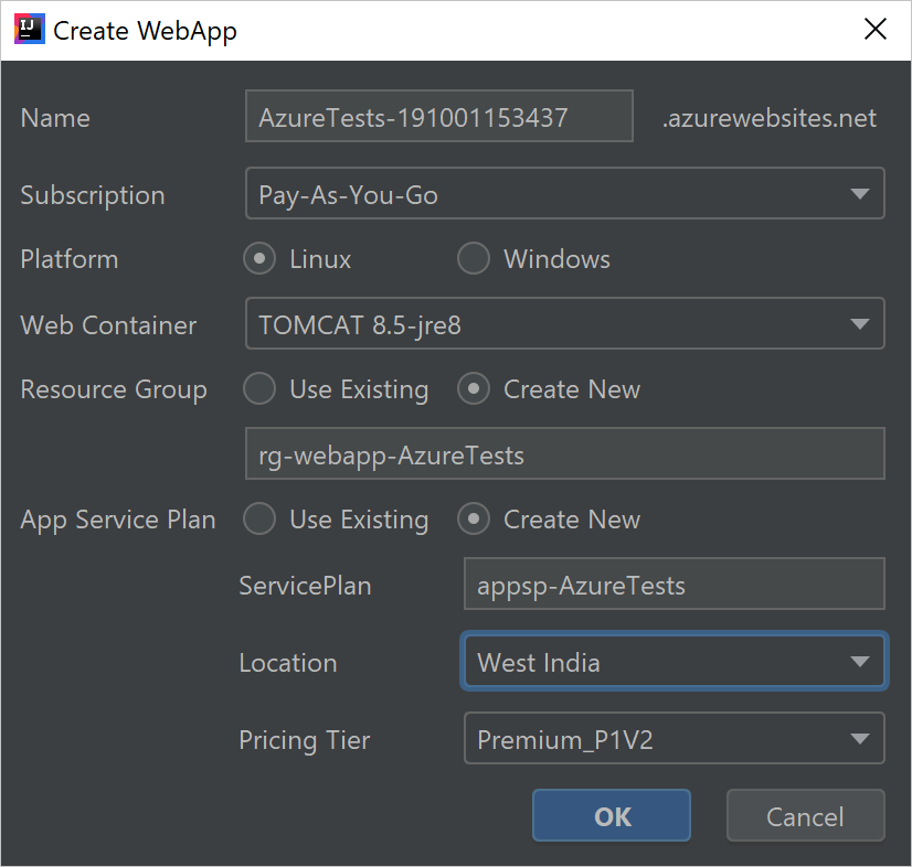 Captura de ecrã a mostrar a configuração de uma nova aplicação Web do Azure no IntelliJ IDEA.