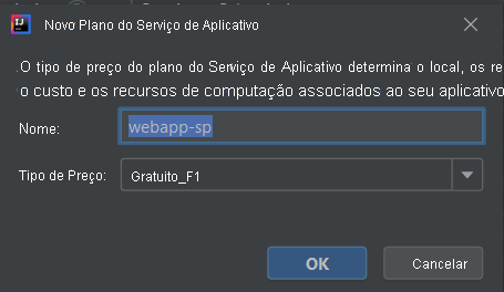 Captura de tela da caixa de diálogo Criar Plano do Serviço de Aplicativo.