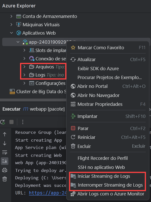 Captura de ecrã a mostrar a janela Azure Explorer (Explorador do Azure).