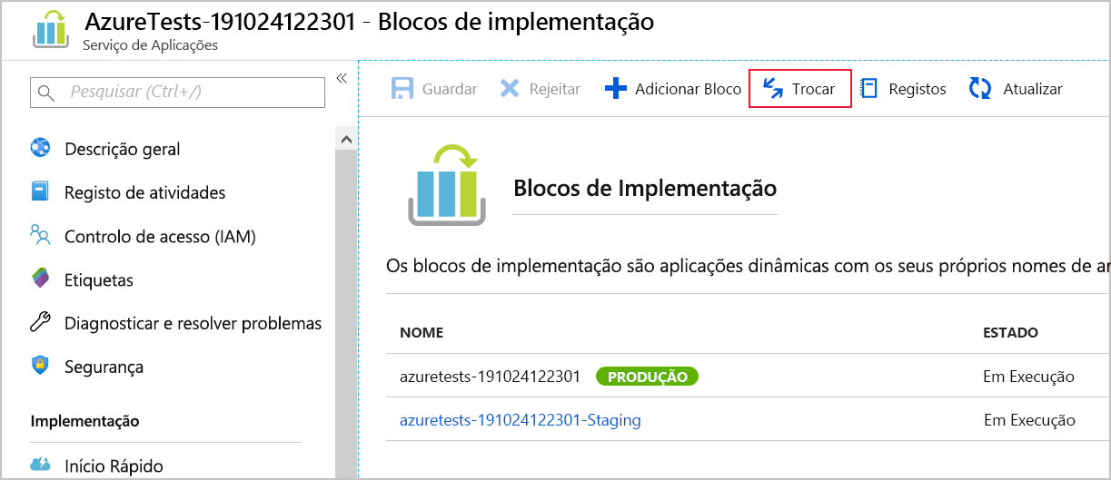 Captura de ecrã a mostrar a troca de blocos de implementação através do portal do Azure.