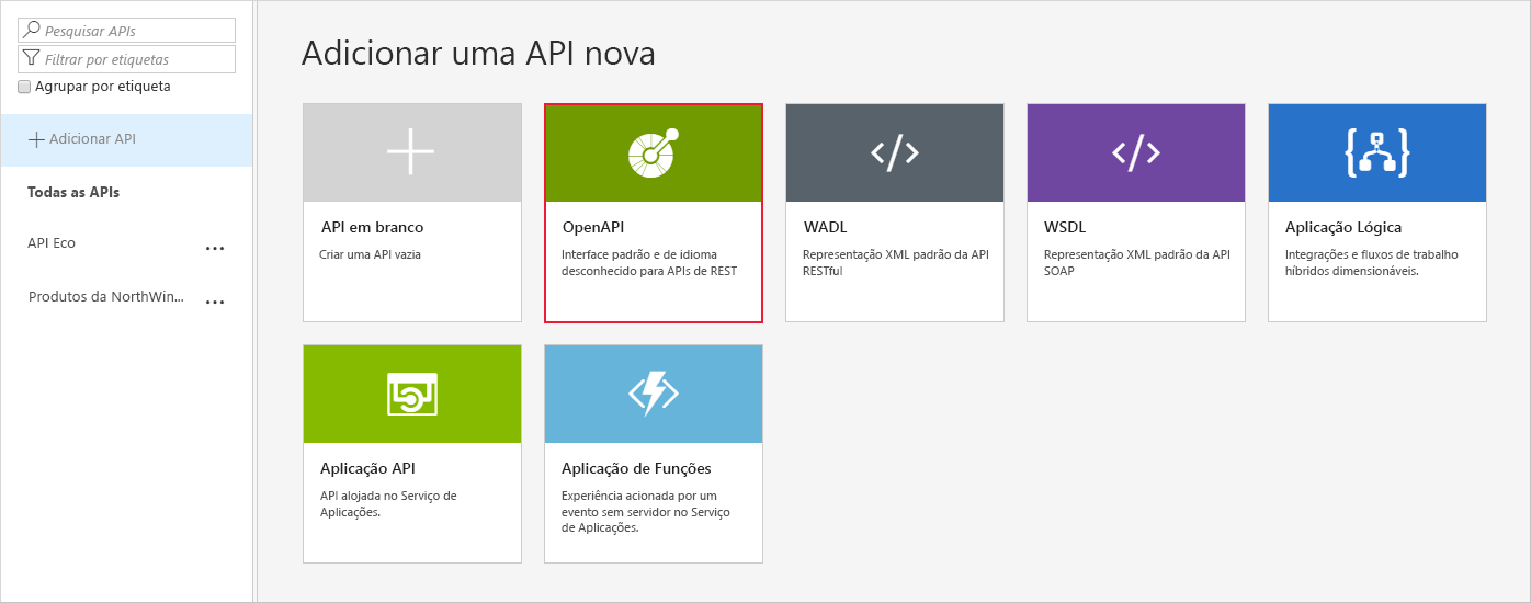 Adicione uma nova API.