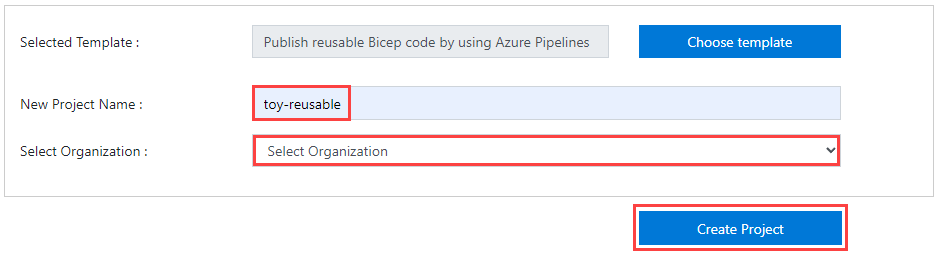 Captura de ecrã do painel Gerador de Demonstração do Azure DevOps para criar um novo projeto.