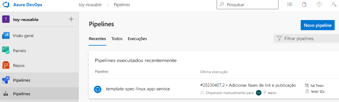 Captura de tela do Azure Pipelines que mostra o item de menu Pipelines.