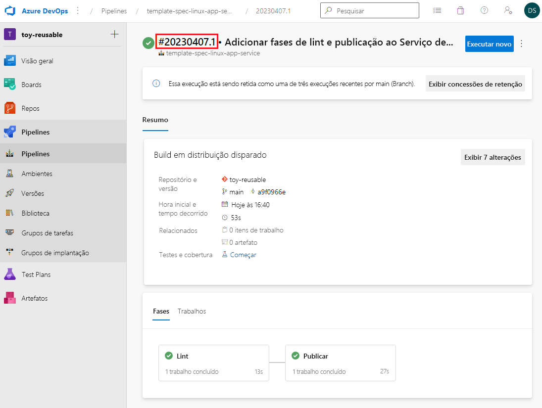 Captura de tela do Azure Pipelines que mostra uma execução bem-sucedida do pipeline e destaca o número da compilação.