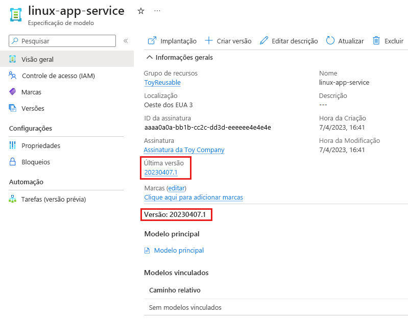 Captura de ecrã do portal do Azure que mostra os detalhes das especificações do modelo.