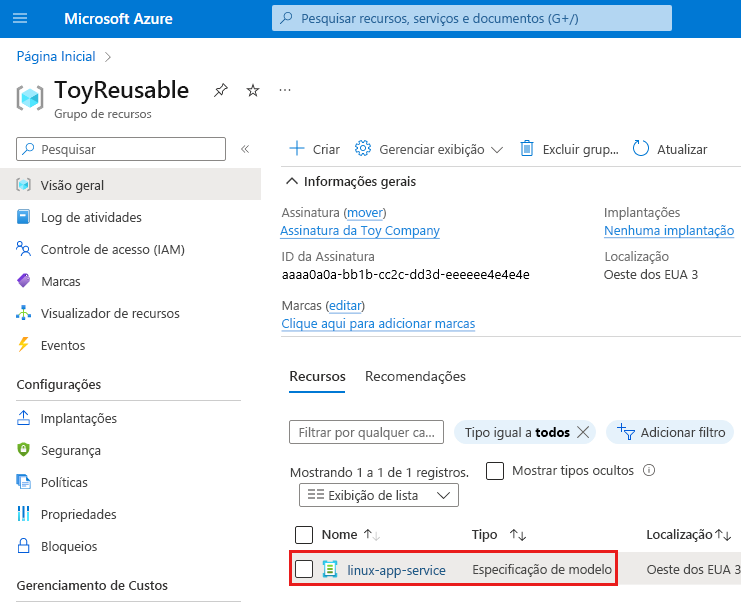 Captura de ecrã do portal do Azure que mostra o grupo de recursos, com a especificação do modelo realçada.